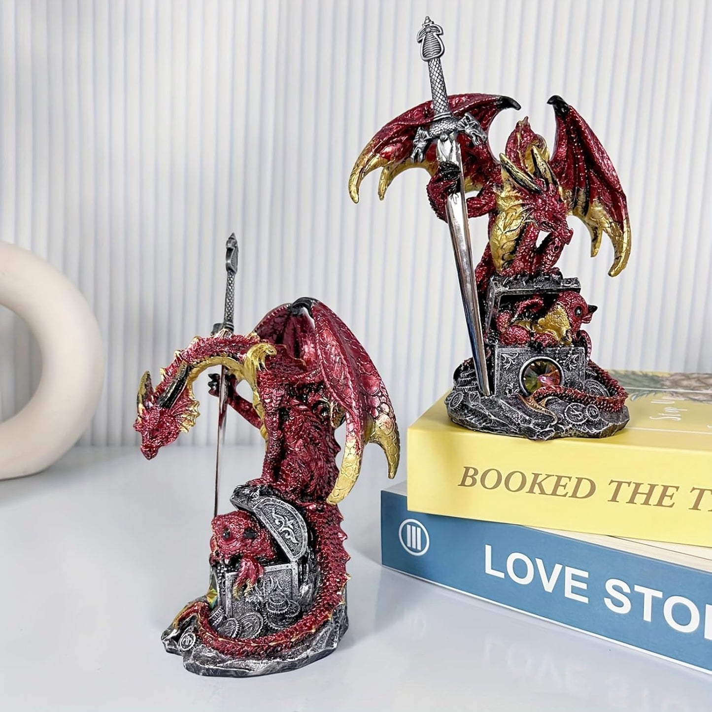 Dragon with Sword Collectible Statue Fantasy Figurine Resin Medieval Dungeons Creative Ornaments for Home,Shelf,Living Room Decor 7.68 Inches (Red)