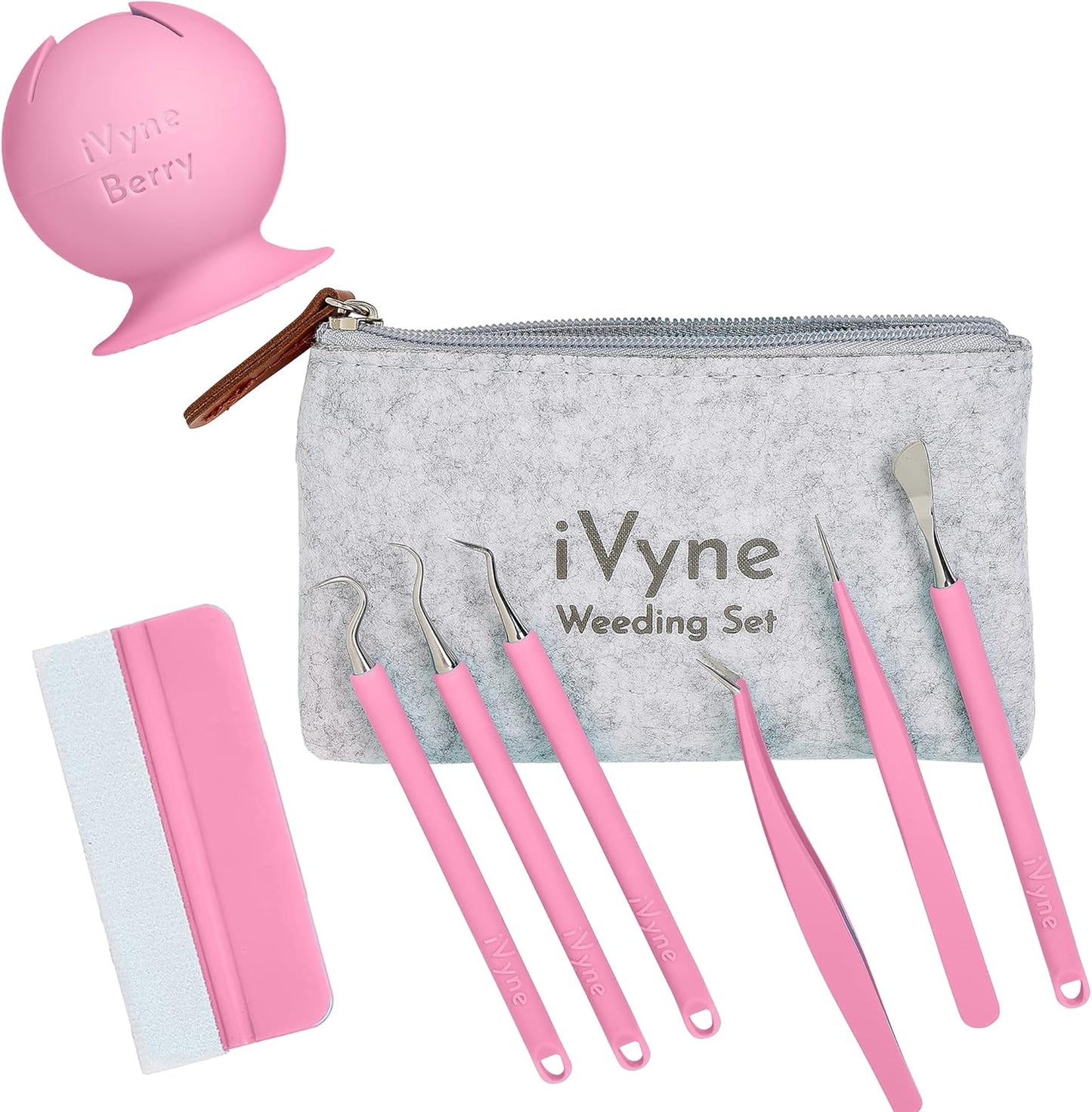 iVyne (8pcs) Premium Vinyl Weeding Tool Kit & Weeding Scrap Collector Soft Grip Tools with Berry, Weeder, Tweezers, Picker Or Hook, and Scraper Set for Silhouette Cameos & Cricut - Pink