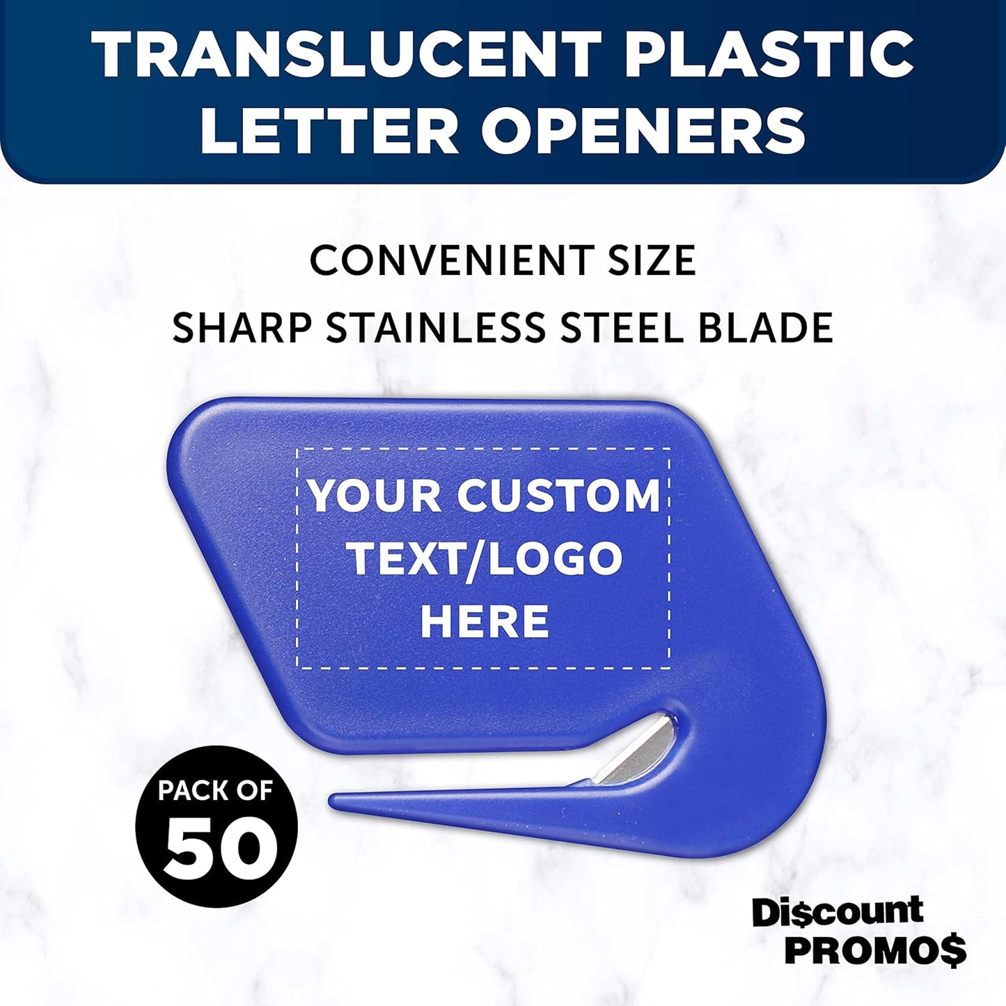 Custom Translucent Plastic Letter Openers Set of 50, Personalized Bulk Pack - Perfect for Home or Office - Blue