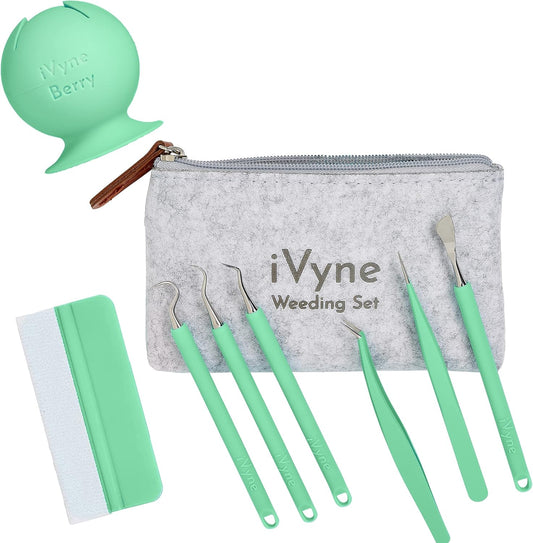 iVyne (8pcs) Premium Vinyl Weeding Tool Kit & Weeding Scrap Collector Soft Grip Tools with Berry, Weeder, Tweezers, Picker Or Hook, and Scraper Set for Silhouette Cameos & Cricut - Green
