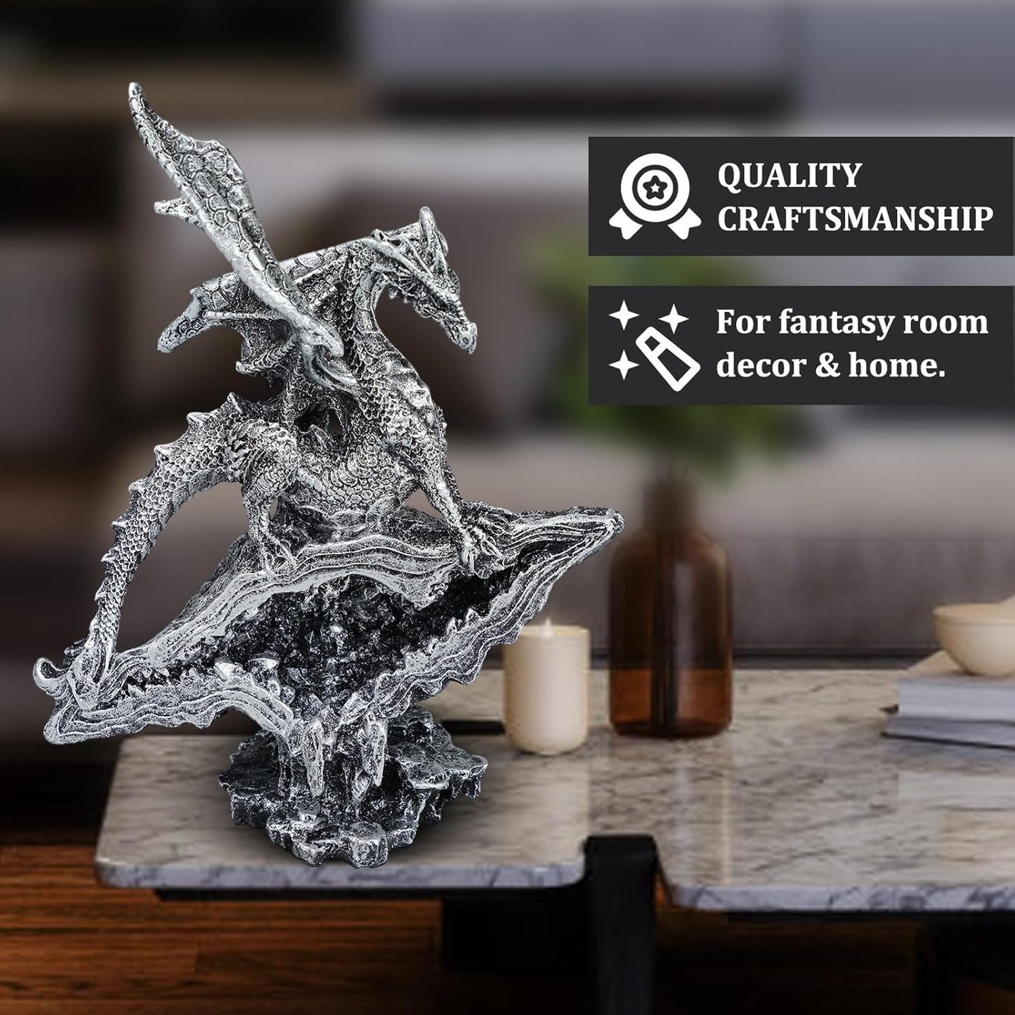 Gothic Medieval Mythic Dragon Figurine Statue Fantasy Decoration Table Office Home Bedroom Livingroom Decoration Gift (7 Inches,Silver)