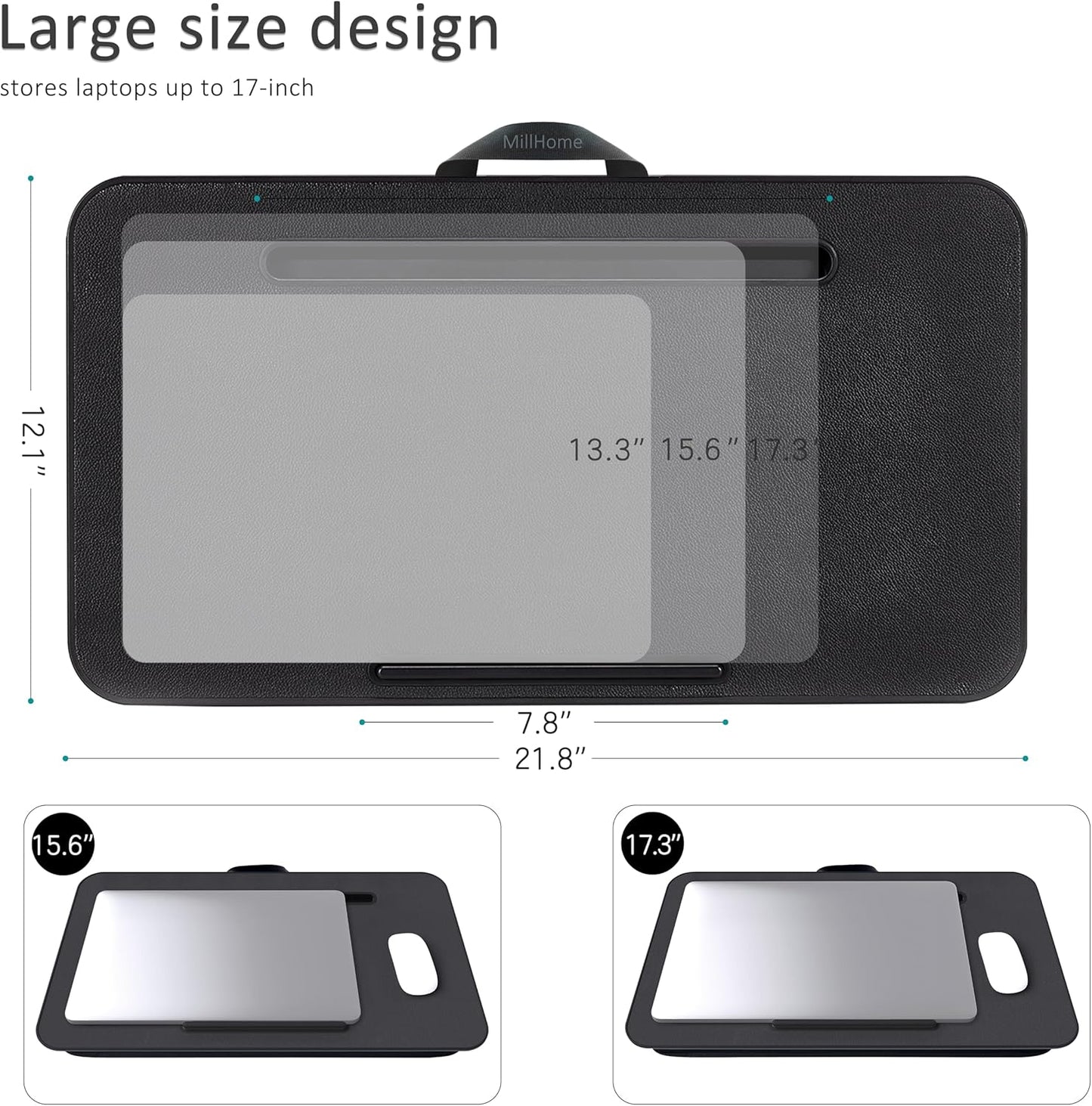 Lap Desk, Lap Desk with Cushion, Fits up to 17 inch Laptop, Pillow Designed, Portable Laptop Stand with Tray, Pad & Phone Holder, Home Office for Bed/Couch/Car/Reading/Writing,MillHome (Black)