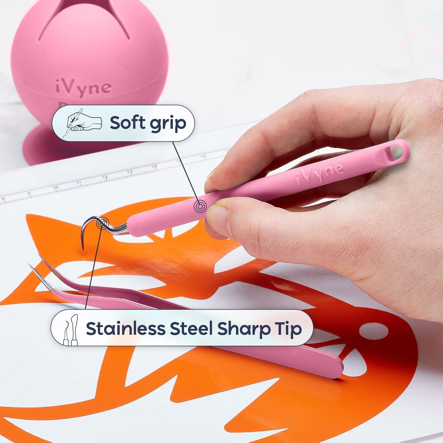 iVyne (8pcs) Premium Vinyl Weeding Tool Kit & Weeding Scrap Collector Soft Grip Tools with Berry, Weeder, Tweezers, Picker Or Hook, and Scraper Set for Silhouette Cameos & Cricut - Pink