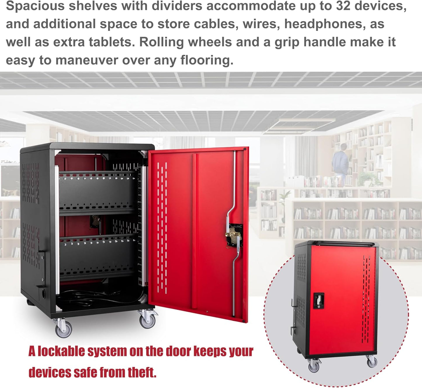 32 Device Mobile Charging Station for Laptops/Tablets/iPads/Chromebooks,32 Bay Lockable Charging Cabinet with Cable Management & Power Strip Included, School Charging Storage Carts,Easy Assembly