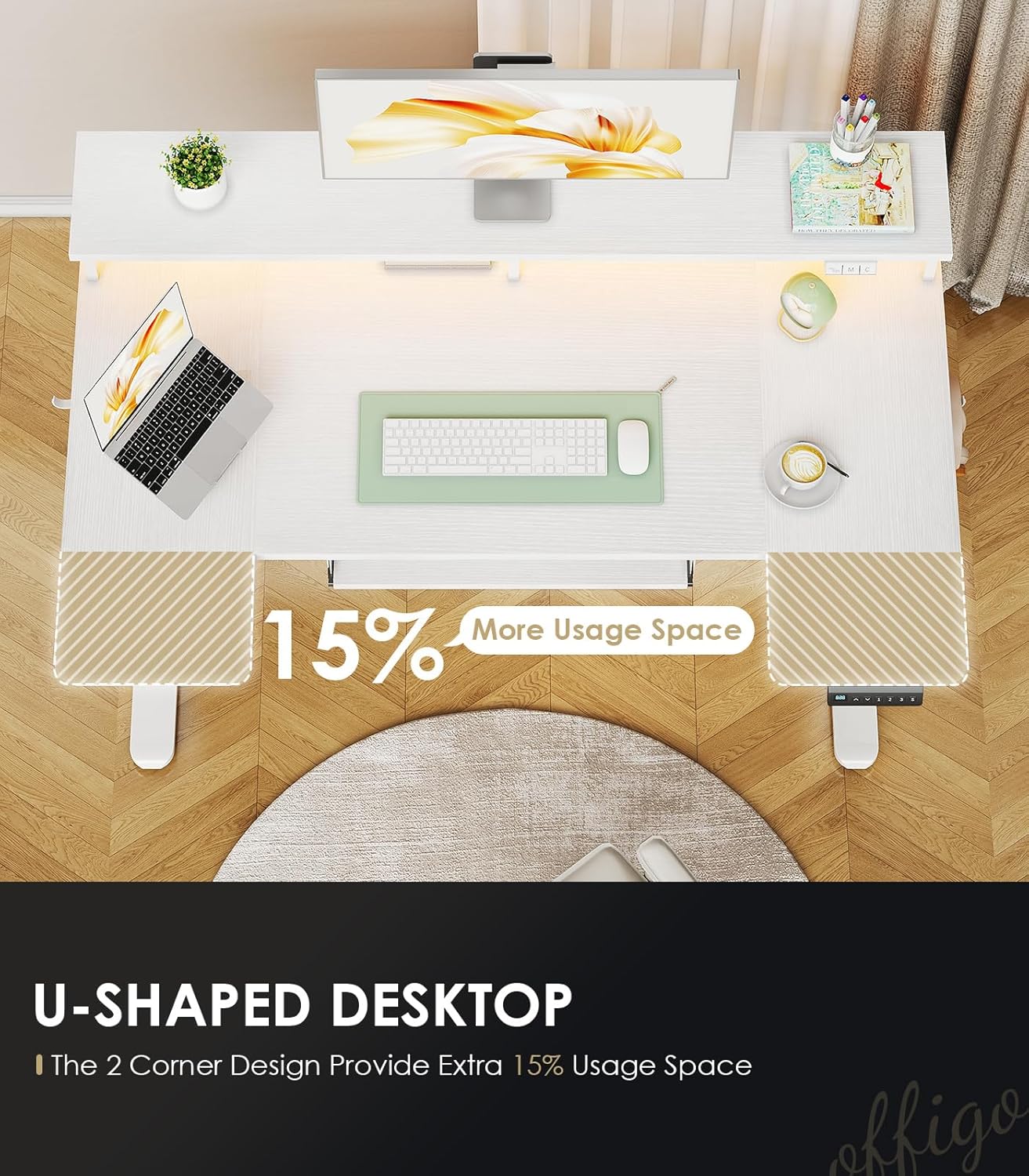 OffiGo U Shaped Electric Standing Desk with Keyboard Tray, 48 Inch Height Adjustable Desk with Power Outlets & LED Lights, Sit Stand Table with Monitor Stand for Home, Office, White
