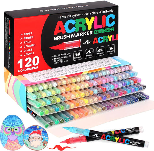 120 Acrylic Paint Markers, Soft Brush Tip Acrylic Markers for Rock Painting, Wood, Stone, Glass, Canvas, Fabric, Ceramic - Brush Tip Water Based Pens