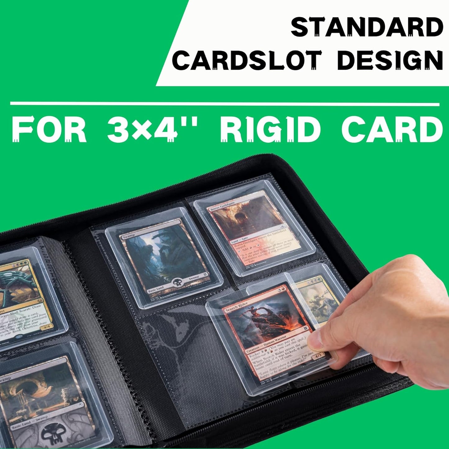 Toploader Binder, Holds 128+ Toploaders, 4 Pocket Top Loader Card Storage Case, Double-Sided Pockets for trading card in 3 x 4'' Toploaders (Grass Green)