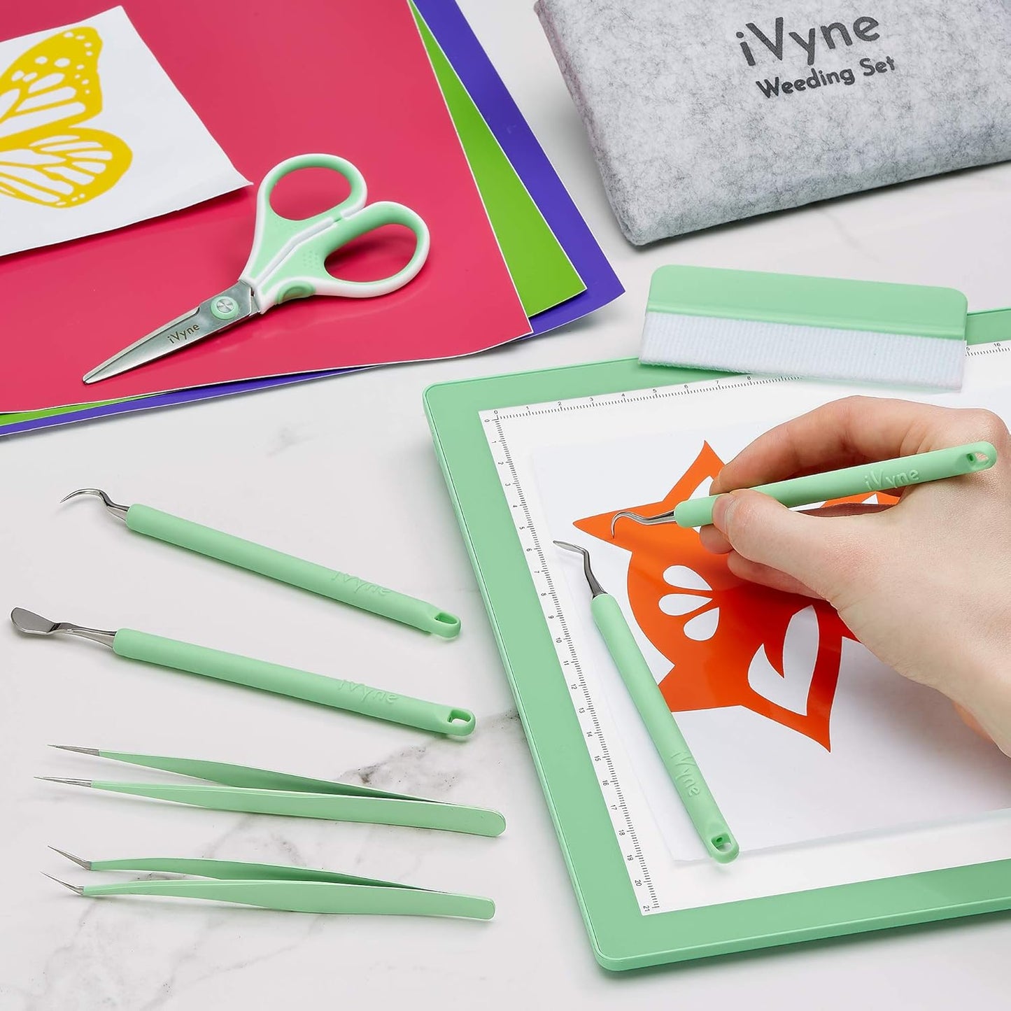 iVyne (8pcs) Berry Essentials Silicone Vinyl Weeding Tool Kit Soft Grip Weeding Tools for Vinyl with Weeder, Tweezers, Picker, Scissors and Scraper Set for Silhouette Cameos and Cricut Craft (Green)