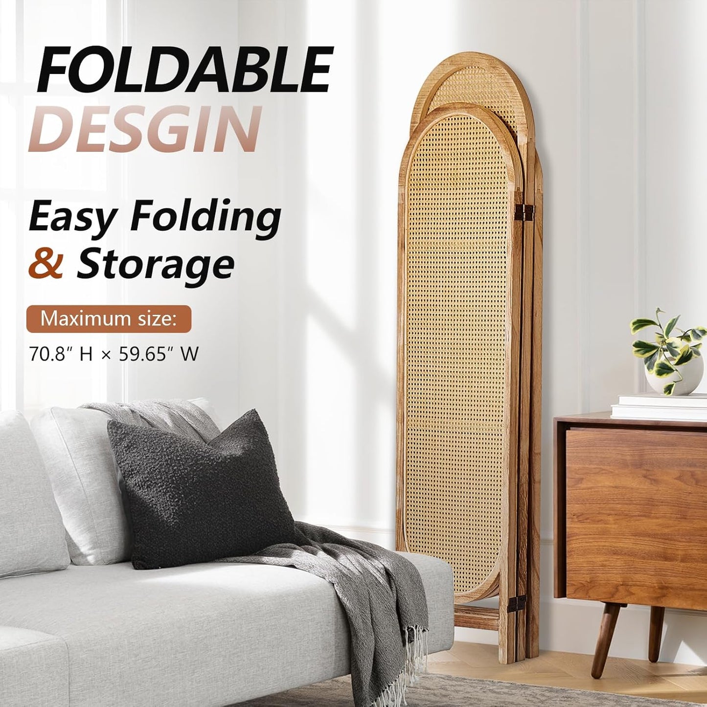 5.9 Ft Tall 3 Panel Room Divider Screen, Foldable Wooden Room Divider Panel, Folding Privacy Screen Made of Hand-Woven Rattan, Portable Wall Divider for Room Separation HomeOffice - Natural