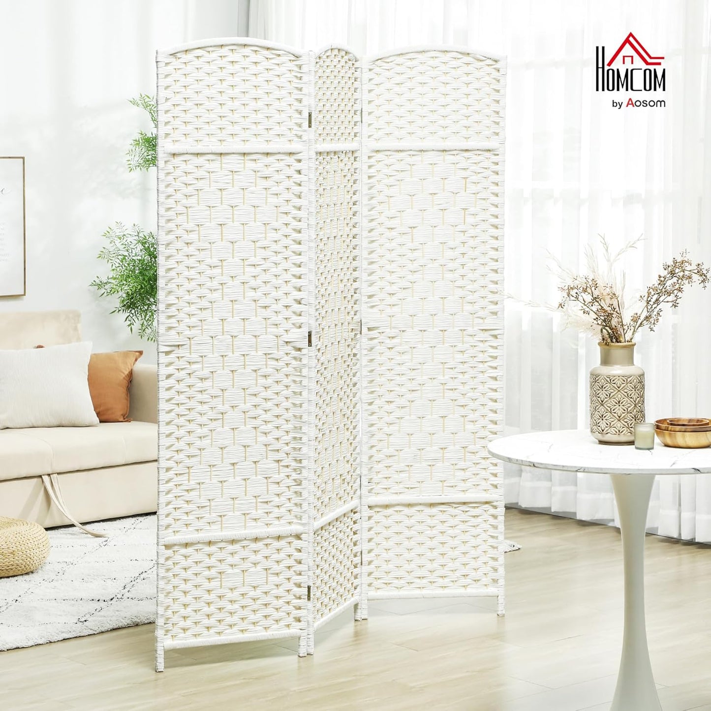 HOMCOM 3 Panel Room Divider, 6' Tall Folding Privacy Screen, Hand-Woven Freestanding Wall Partition for Home Office, Bedroom, White