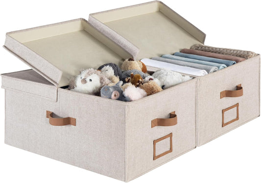 StorageWorks Extra Large Storage Bins with Lids, 55L Decorative Organizer with Divider Board, Fabric Boxes with Handles, Mixing of Brown & Beige, 2-Pack
