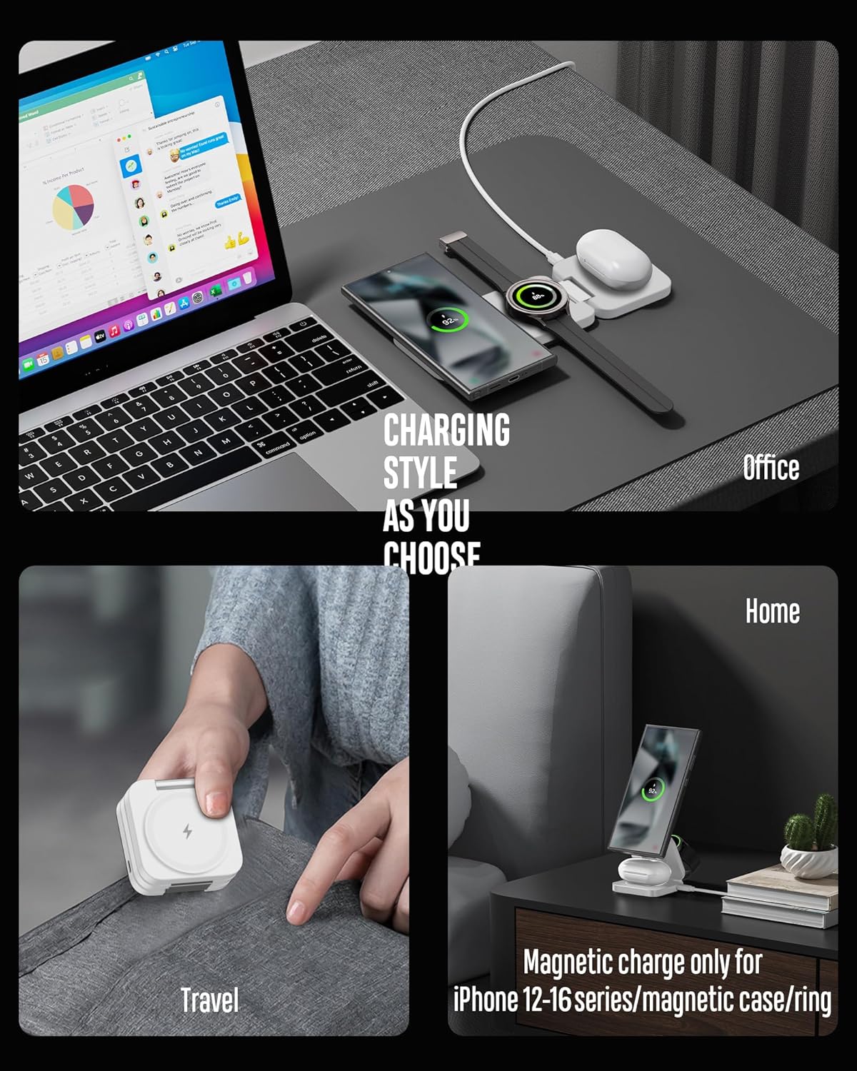 Foldable 3 in 1 Wireless Charging Station for Samsung, KU XIU X55 Ultra Magnetic Travel Charger Stand for Galaxy S24 Ultra S23 S22 Note 20 Z Fold Flip 6 5, Galaxy Watch Ultra 7 6 5, Galaxy Buds, White