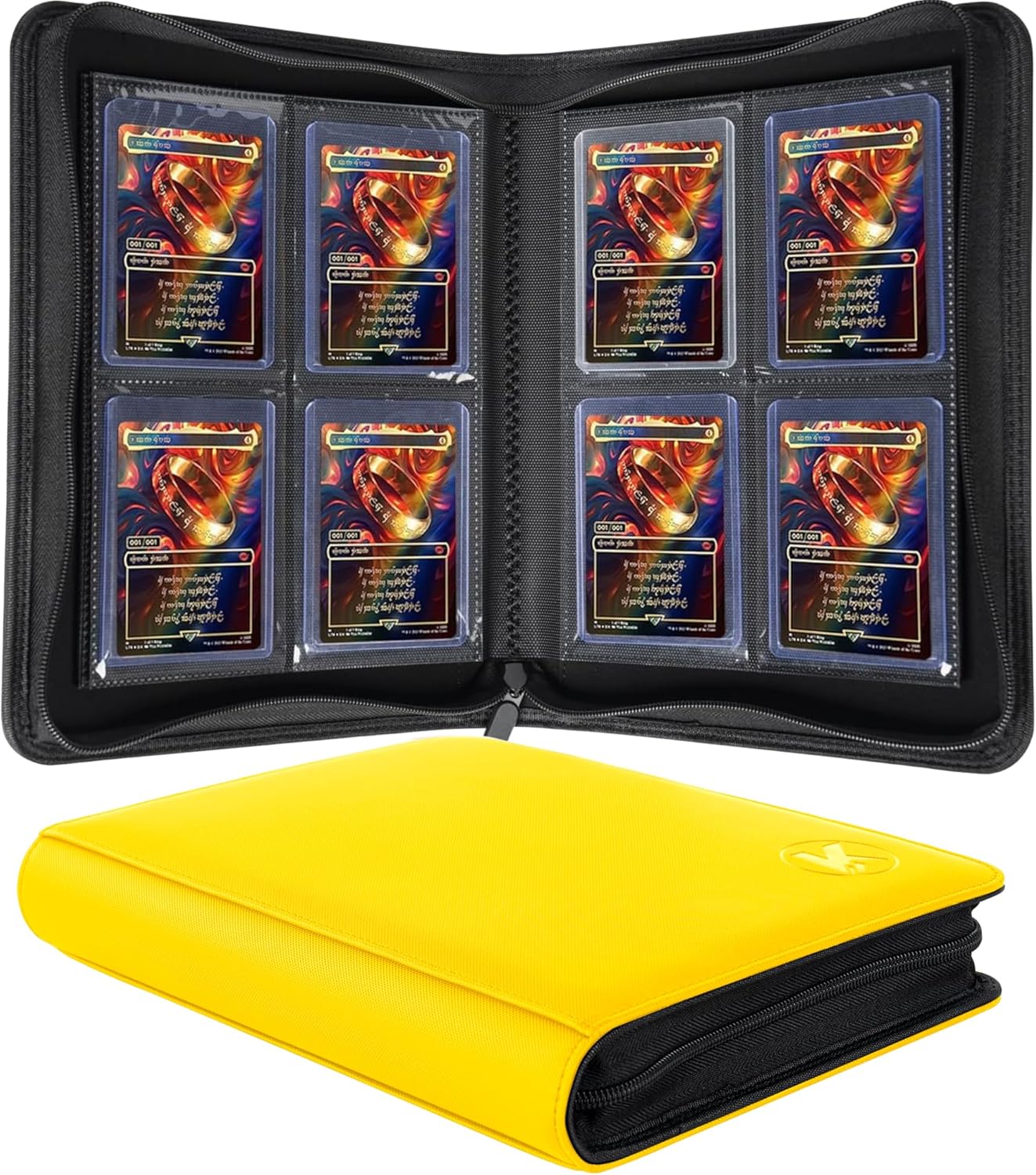 Toploader Binder, Holds 128+ Toploaders, 4 Pocket Top Loader Card Storage Case, Double-Sided Pockets for trading card in 3 x 4'' Toploaders (Yellow)