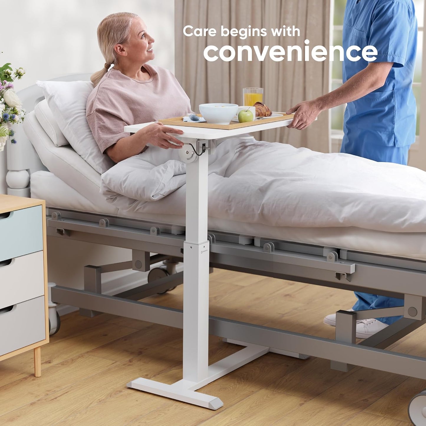 ONKRON Laptop Cart on Wheels, max Load up to 17.6 lbs, Small Rolling Table with Hidden Wheels, Mobile Standing Desk Adjustable Height, 90° Tilting Portable Workstation, Overbed Bedside Desk White