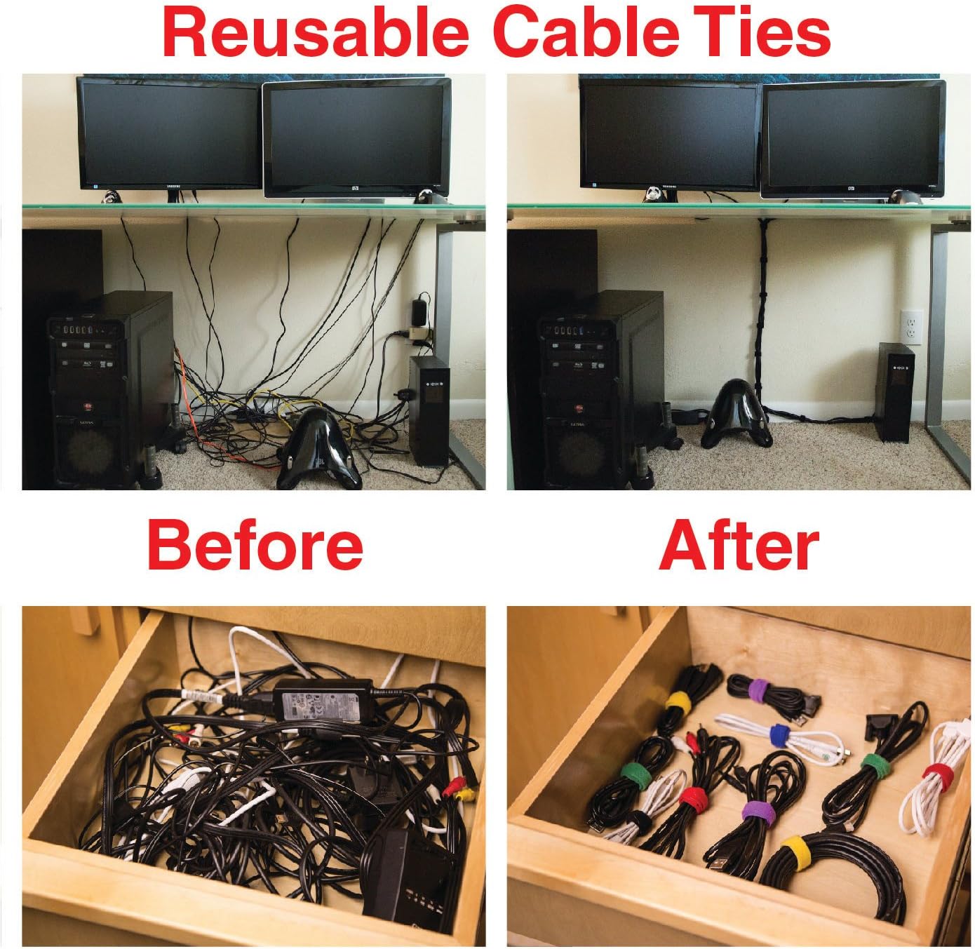 Desktop Cable Organizer, Weighted, No Bad Smell, Bundled with 4 Reusable Cable Ties (Black)