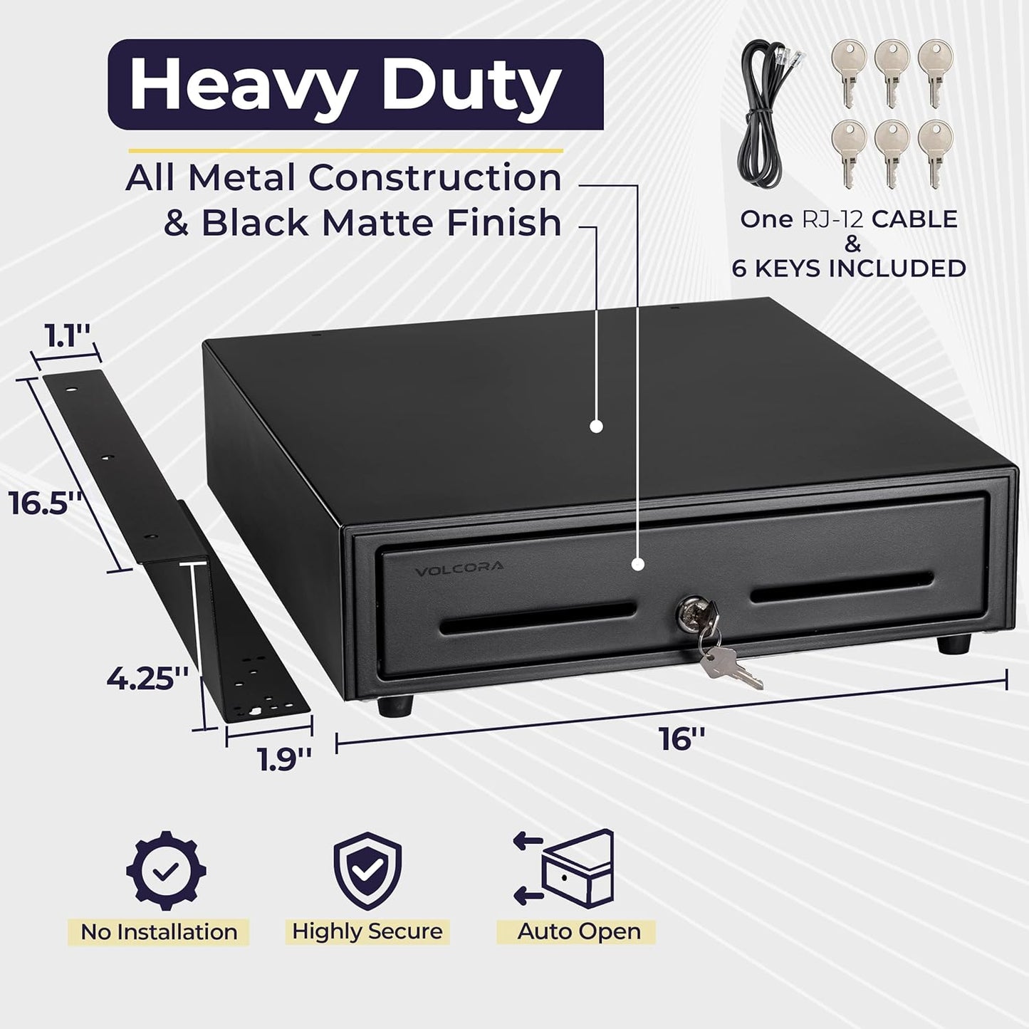 Volcora Cash Register Drawer with Under Counter Mounting Bracket - 16" Black Drawer for POS, 5 Bill 8 Coin Compartment, Fully Removable 2 Tier Cash Tray, 24V RJ11/RJ12 Key-Lock, Double Media Slot