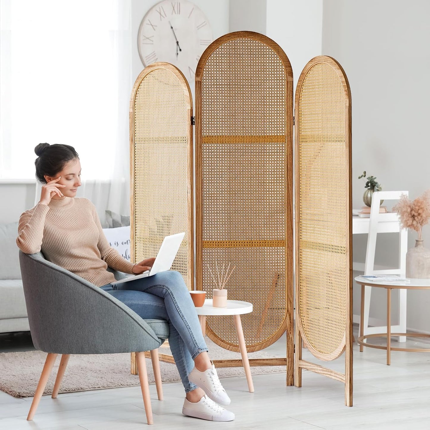 5.9 Ft Tall 3 Panel Room Divider Screen, Foldable Wooden Room Divider Panel, Folding Privacy Screen Made of Hand-Woven Rattan, Portable Wall Divider for Room Separation HomeOffice - Natural