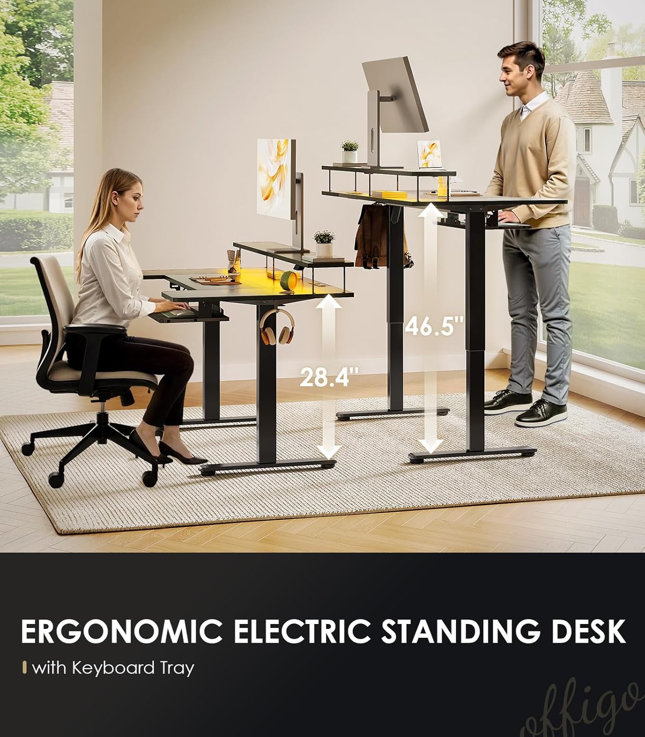 OffiGo U Shaped Electric Standing Desk with Keyboard Tray, 55 Inch Height Adjustable Desk with Power Outlets & LED Lights, Sit Stand Table with Monitor Stand for Home, Office, Black