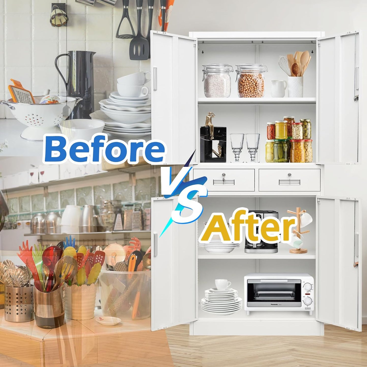 CMY Metal Storage Cabinet, 71" H x 32" W x 16" D Locking Cabinet with Adjustable Shelves and 2 Drawers, Steel Storage Cabinet for Office, Garage, Home, School, Utility Room-White