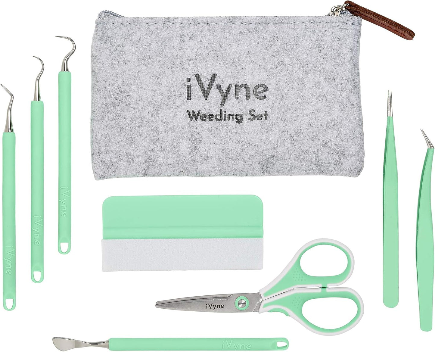 iVyne (8pcs) Berry Essentials Silicone Vinyl Weeding Tool Kit Soft Grip Weeding Tools for Vinyl with Weeder, Tweezers, Picker, Scissors and Scraper Set for Silhouette Cameos and Cricut Craft (Green)