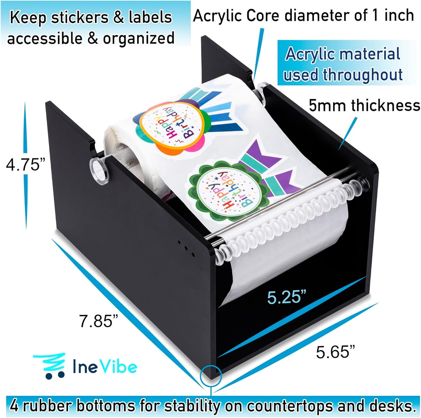 Manual Label Sticker Dispenser for Rolls of Stickers - Adjustable Tabletop Acrylic Holder for Multiple Rolls in Classroom, Business, Home