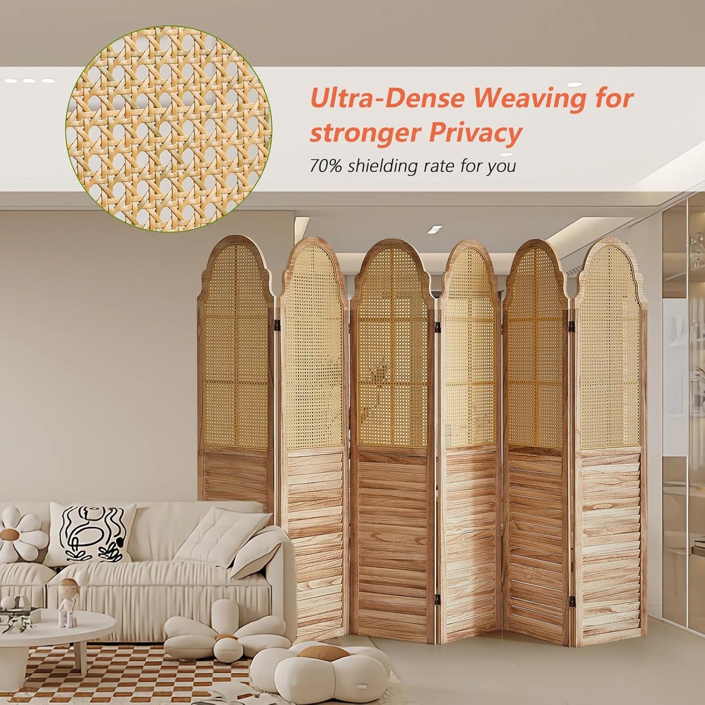 6 Panel Rattan Folding Screen Room Divider, Privacy Dividers for Rooms, Louvered Partition Dividers, Room Divider Panel for Bedroom, Dressing Room, Balcony, Light Brown