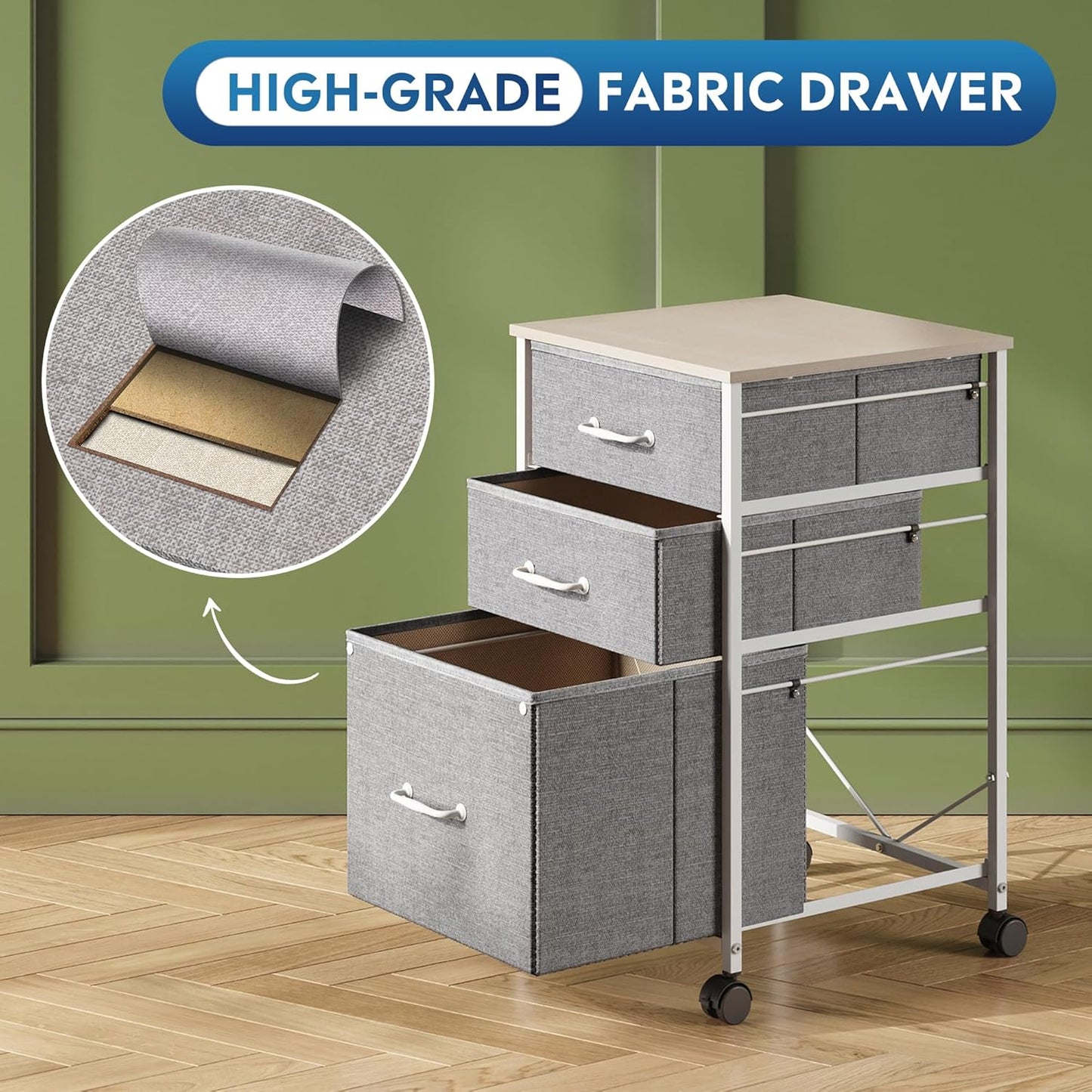 DEVAISE Mobile File Cabinet, Rolling Printer Stand with 3 Drawers, Fabric Vertical Filing Cabinet fits A4 or Letter Size for Home Office, Light Grey