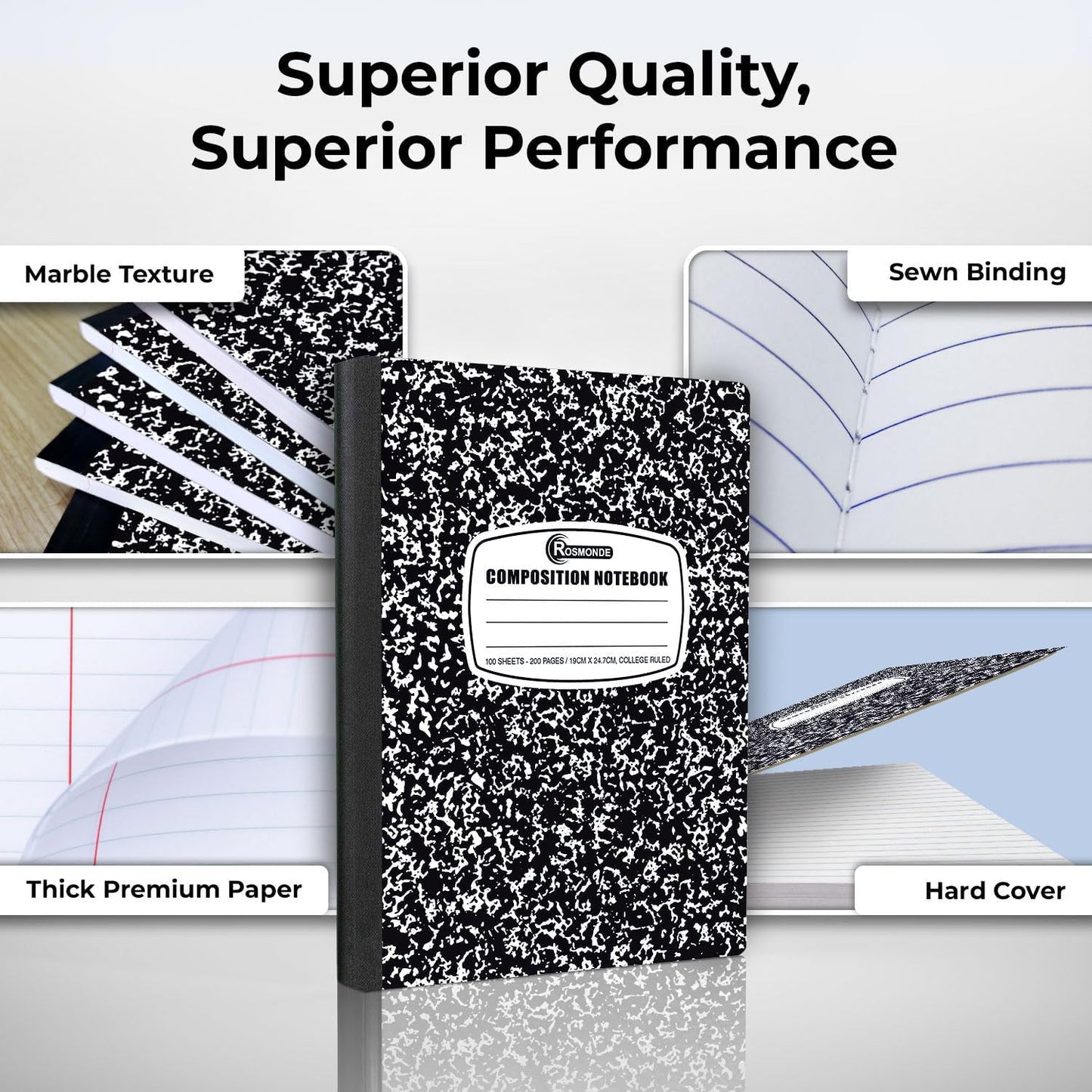 College Ruled Composition Notebooks 5 Pack, 200 Pages (100 Sheets), 9-3/4" x 7-1/2", White & Black Marble Composition Book, Hard Cover, Sturdy Sewn Binding, School, College & Office Supplies