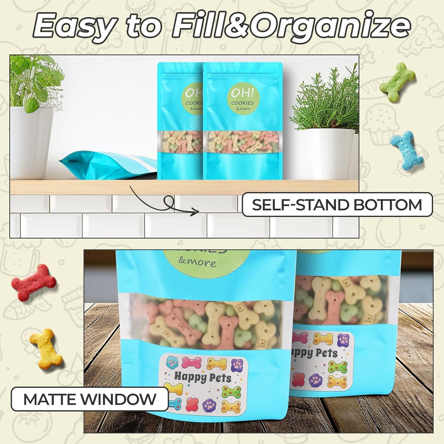 Funfery 100 Pcs Smell Proof Packaging Bags,Mylar Clear Bags for Food Storage,Sealable Bag for Packaging,Stand Up Pouches with Window,ReSealable Bag for Small Business,Cookies,Candy(Blue,4x6in)