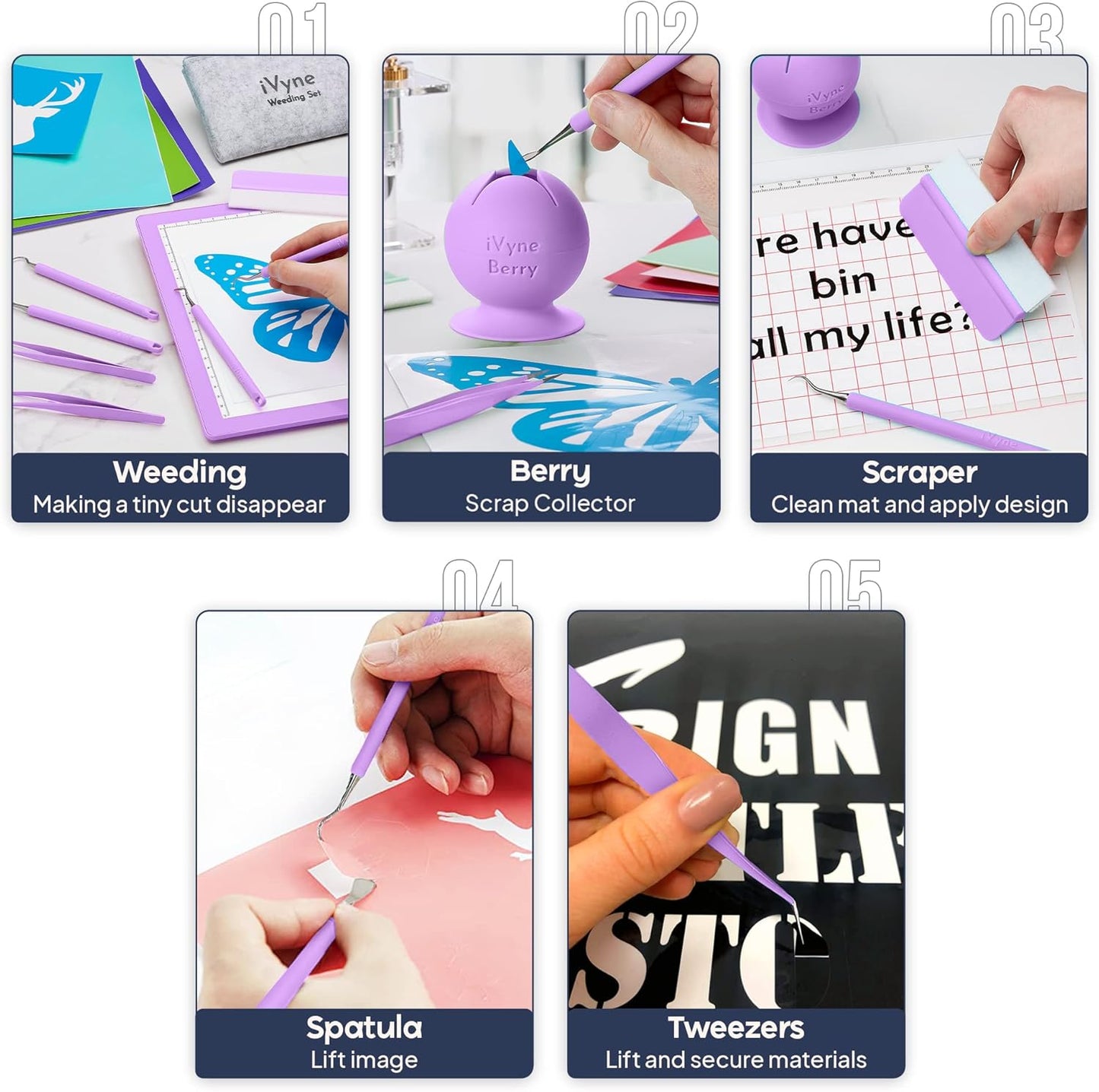 iVyne (8pcs) Premium Vinyl Weeding Tool Kit & Weeding Scrap Collector Soft Grip Tools with Berry, Weeder, Tweezers, Picker Or Hook, and Scraper Set for Silhouette Cameos & Cricut - Purple