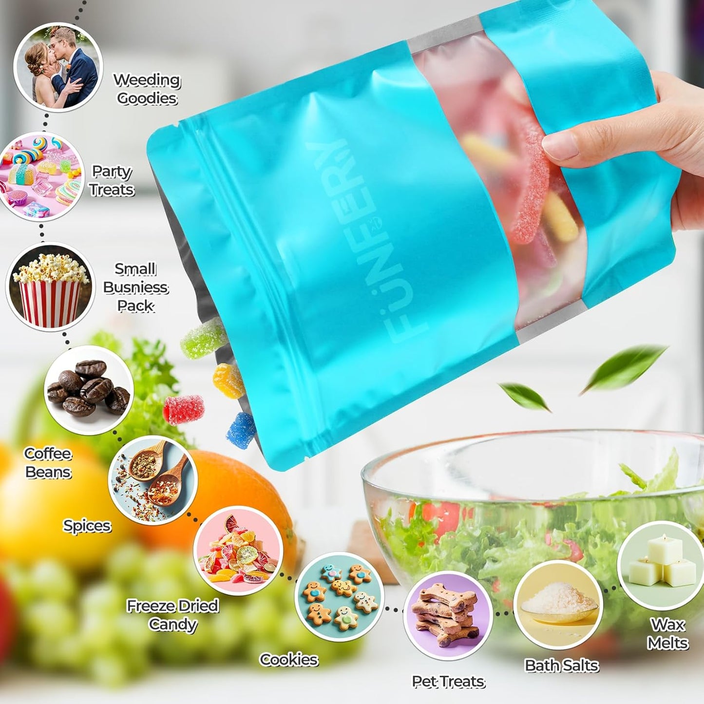 Funfery 100 Pcs Smell Proof Packaging Bags,Mylar Clear Bags for Food Storage,Sealable Bag for Packaging,Stand Up Pouches with Window,ReSealable Bag for Small Business,Cookies,Candy(Blue,4x6in)