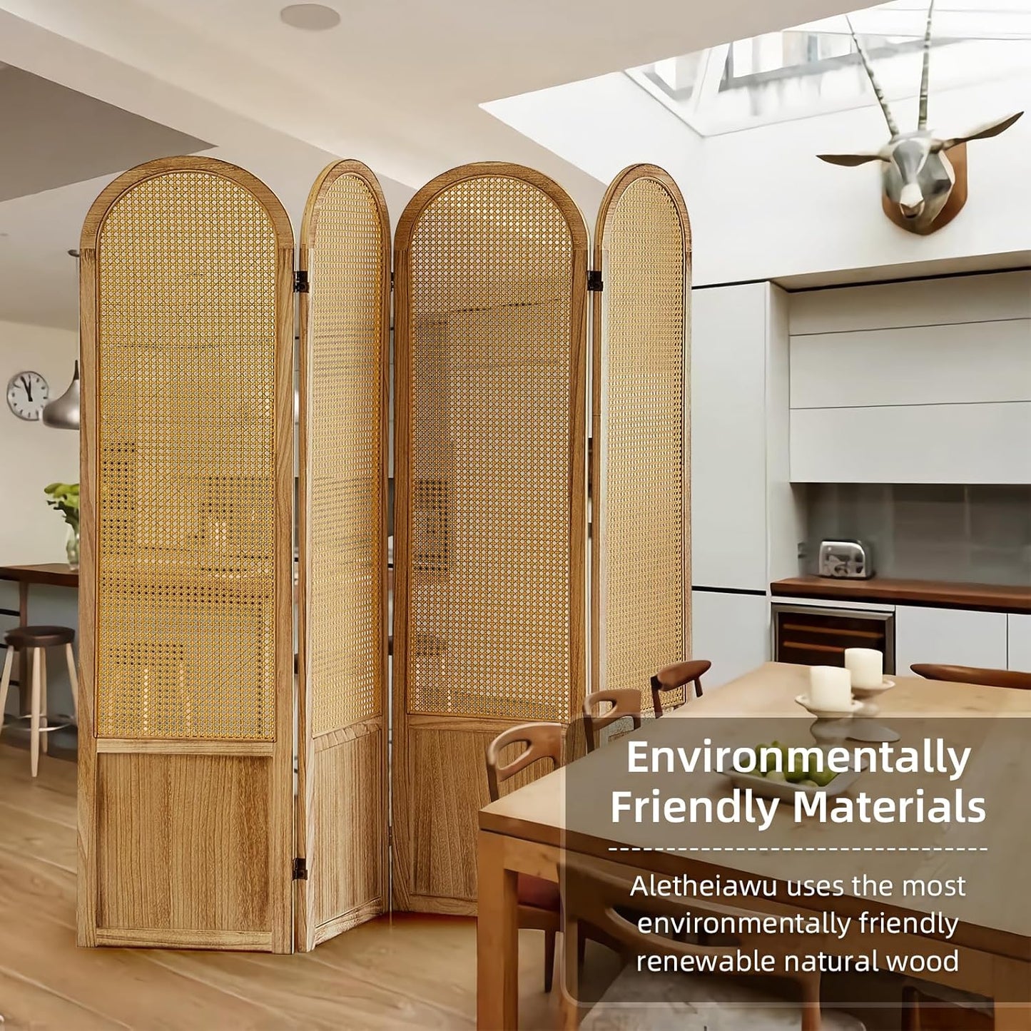 4 Panel Room Divider and Folding Privacy Screen, 5.6 Ft Foldable Double Hinged Rattan Partition, Hand-Woven Rattan Room Divider Portable Wood Freestanding Wall Divider for Room Separation - Natural