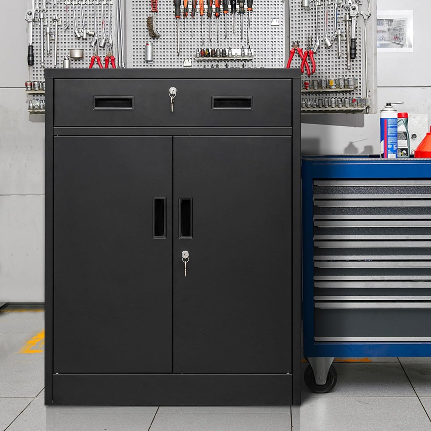 CMY Metal Storage Cabinet, Locking Storage Cabinet with One Drawer and Adjustable Shelf, 36.2" H x 28" W x 16" D Metal Cabinet for Office, Garage, Home-Black