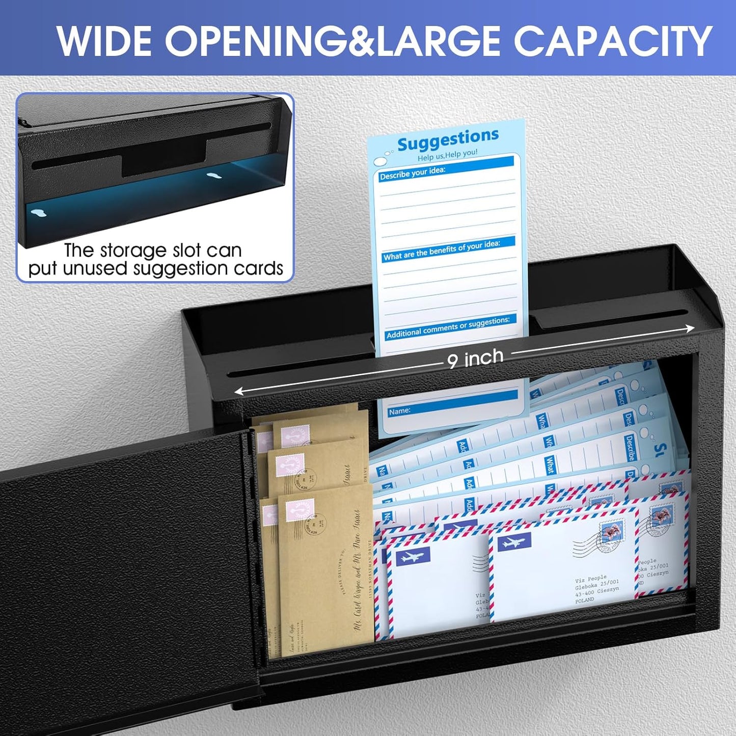 MaxGear Metal Suggestion Box with Lock 9.8" x 3" x 7", Black Seure Locked MailBox,Wall Mounted MailBox, Ballot Box with 50 Suggestion Cards ﻿