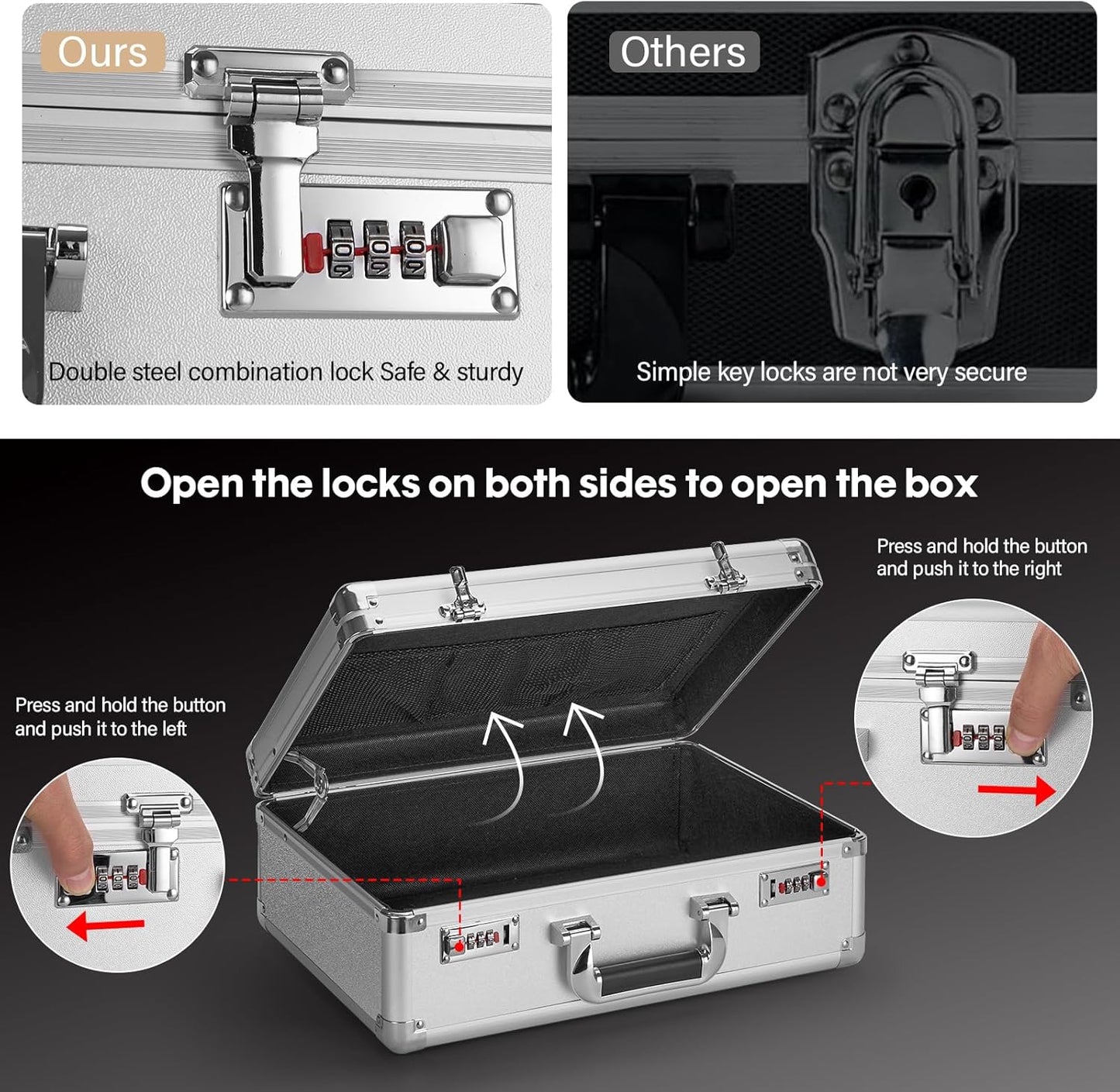 File Organizer Storage Box - 14.2 x 9.8 x 4.5 Inch Medium, Portable Locking Storage Totes with Dual Combination Locks, Lock Boxes for Personal Items, Cash, Briefcase - Silver