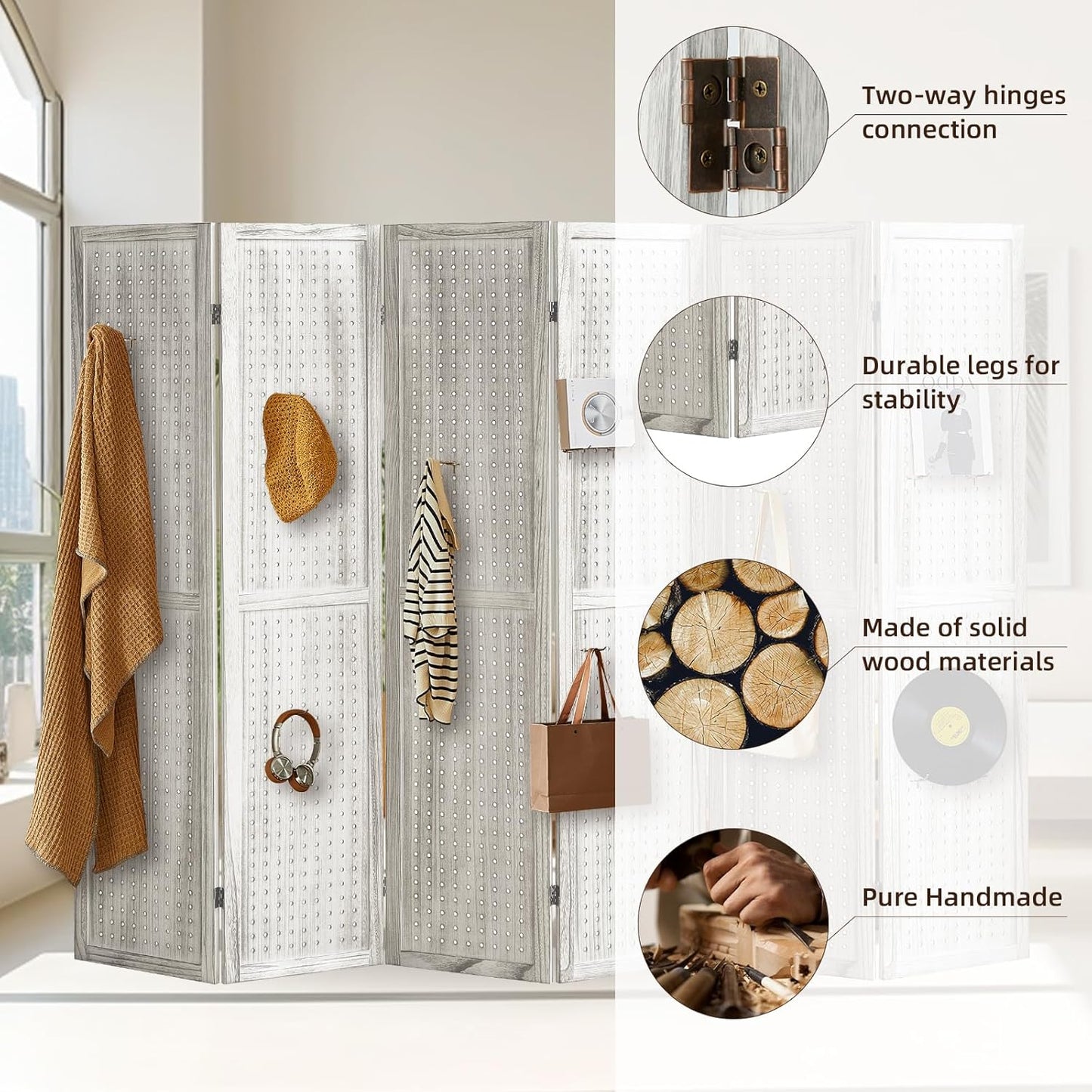 6 Panel Pegboard Display with 24 Hooks, Wooden Room Divider Wall and Folding Privacy Screens, Privacy Dividers for Rooms, Pegboard Room Divider, Jewelry Store, Retail Store, Bedroom, White