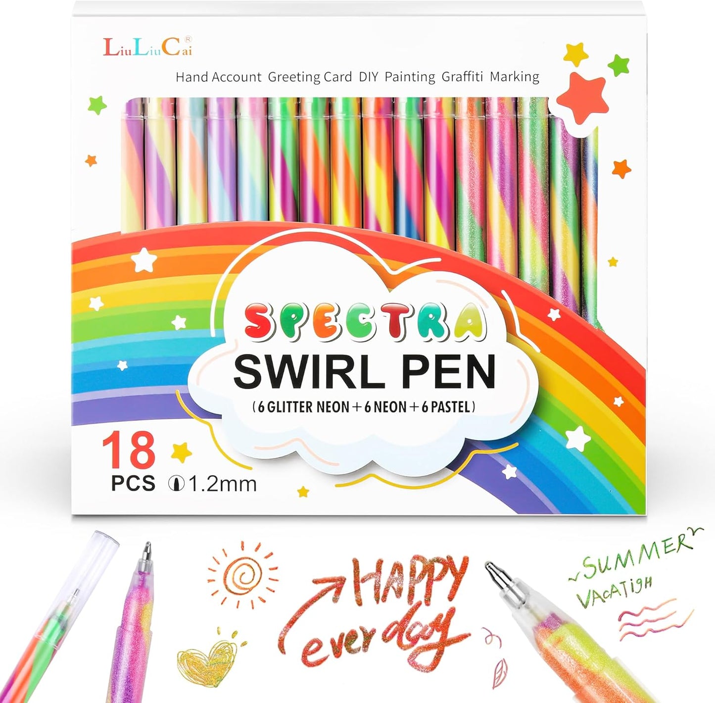 LIULIUCAI 18 Pack Rainbow Gel Pens with Upgraded Tip，Magic 3 Color Mixing Gel Pens Set, Glitter/Neon/Pastel for Adult Coloring Books, Journaling, Doodling, Stable Colorful Art Supplies