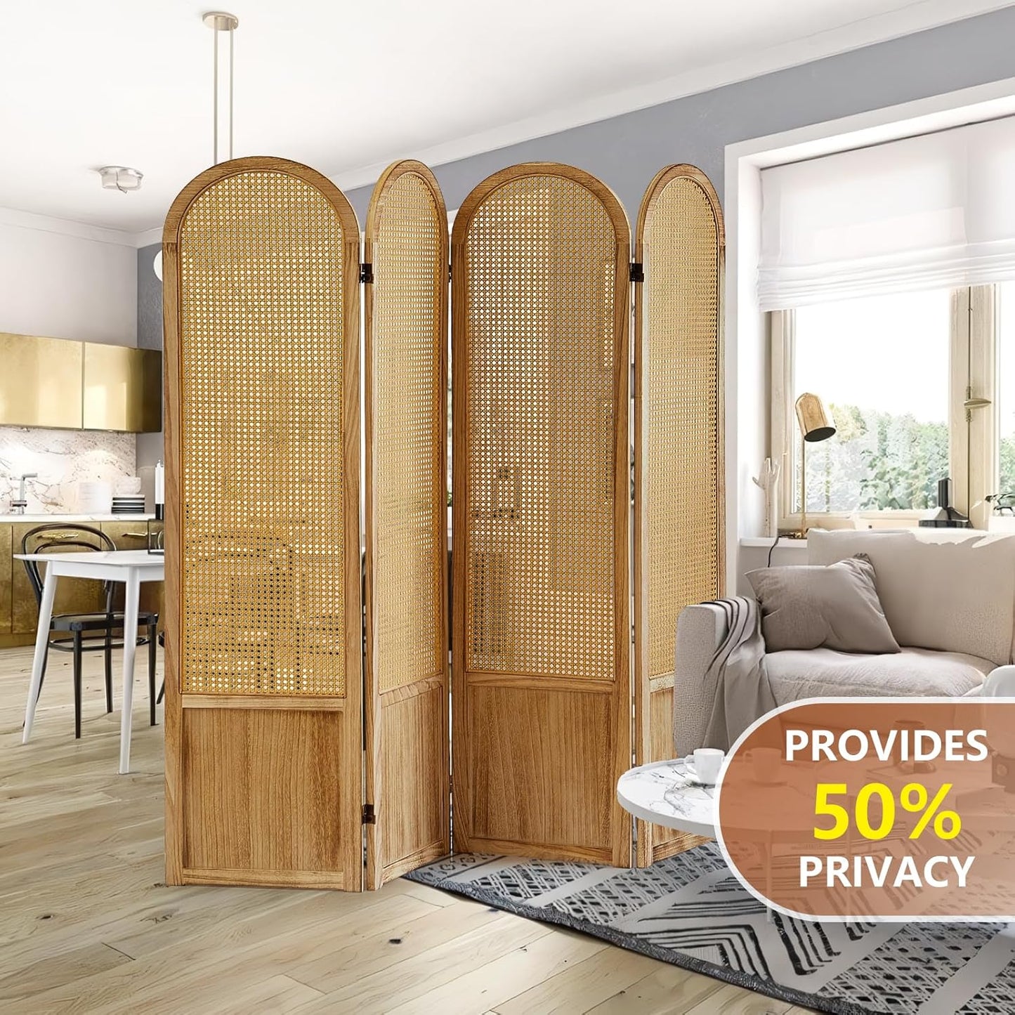 4 Panel Room Divider and Folding Privacy Screen, 5.6 Ft Foldable Double Hinged Rattan Partition, Hand-Woven Rattan Room Divider Portable Wood Freestanding Wall Divider for Room Separation - Natural