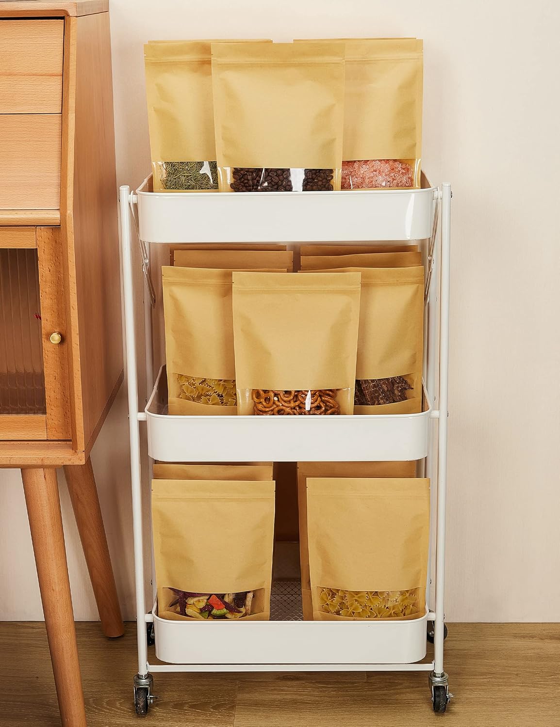 FireKylin 100 Pcs Brown Paper Bags with Window, 4.7" x 7.9" Stand Up Pouches, Zipper Food Storage Bags for Packaging Products, Reusable, Sealable