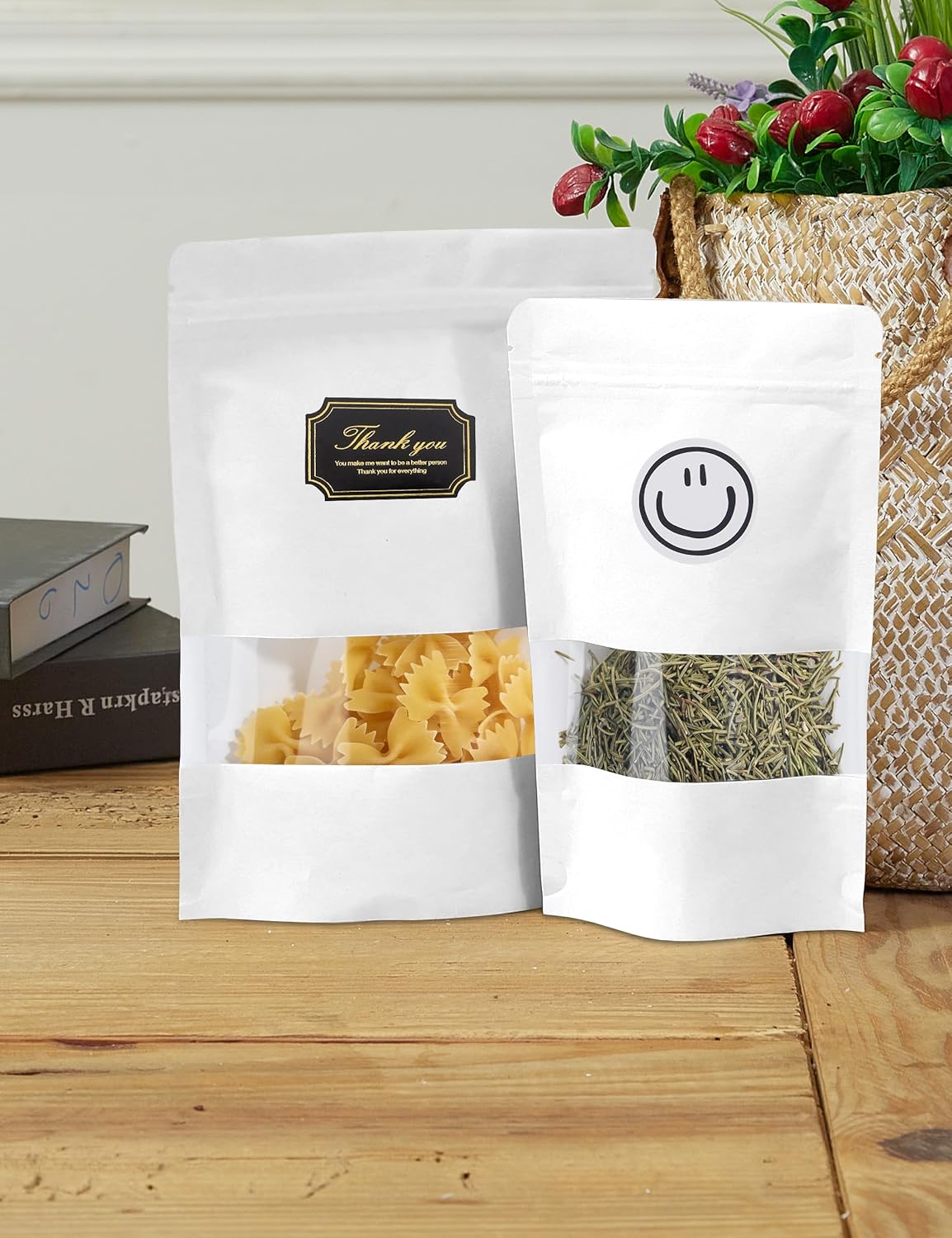 100 Pcs White Paper Bags with Window, 6.7" x 9.4" Stand Up Pouches, Zipper Food Storage Bags for Packaging Products, Reusable, Sealable