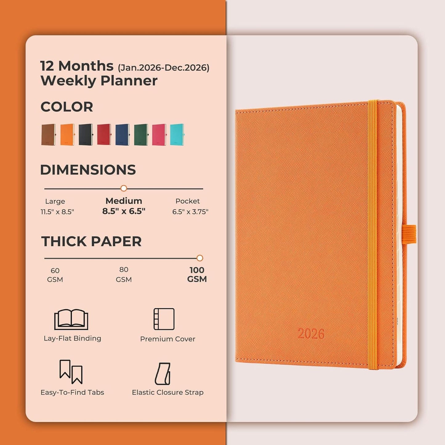 IN-LUXPRO Weekly Monthly 2026 Planner (Jan.26-Dec.26),8.5"x6.5",12 Months Agenda Plan with Month Tabs & Pocket,Expenses/Note Pages, Appointment Book Calendar with Hardcover Vegan Leather Cover,Orange