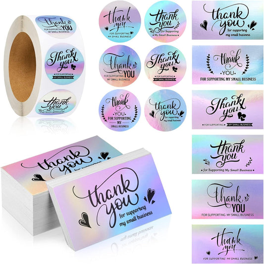 1120 Pcs Thank You Cards and Stickers Set, Include 120 Business Card 1000 Roll Labels Thank You for Supporting My Small Business Stickers Package Insert(Holographic Style)