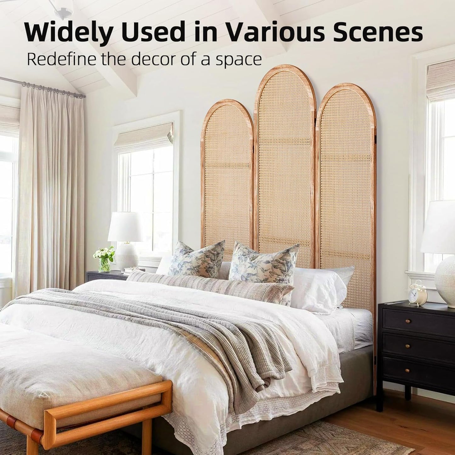 5.9 Ft Tall 3 Panel Room Divider Screen, Foldable Wooden Room Divider Panel, Folding Privacy Screen Made of Hand-Woven Rattan, Portable Wall Divider for Room Separation HomeOffice - Natural