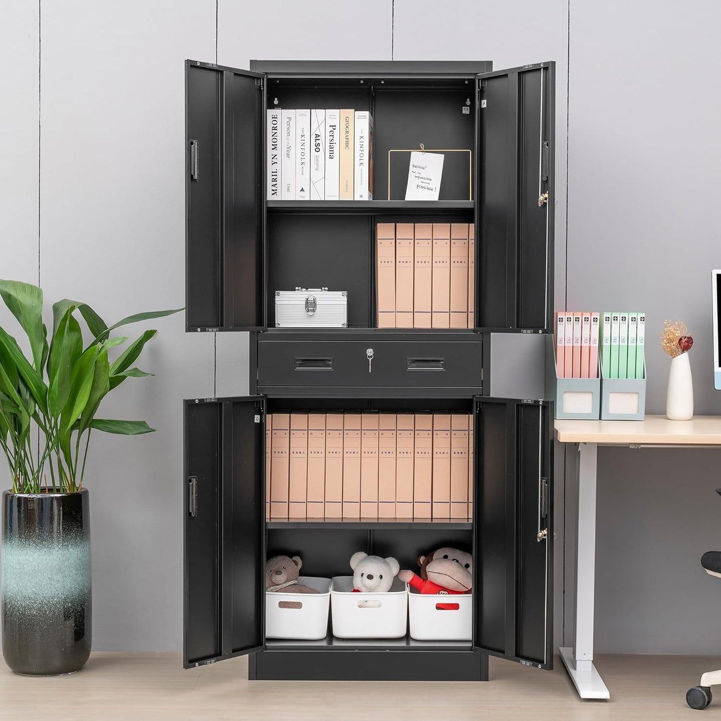 CMY Metal Storage Cabinet, 71" H x 28" W x 16" D Locking Storage Cabinet with Adjustable Shelves and One Drawer, Steel Cabinets for Office, Garage, Home, School, Utility Room(Black)