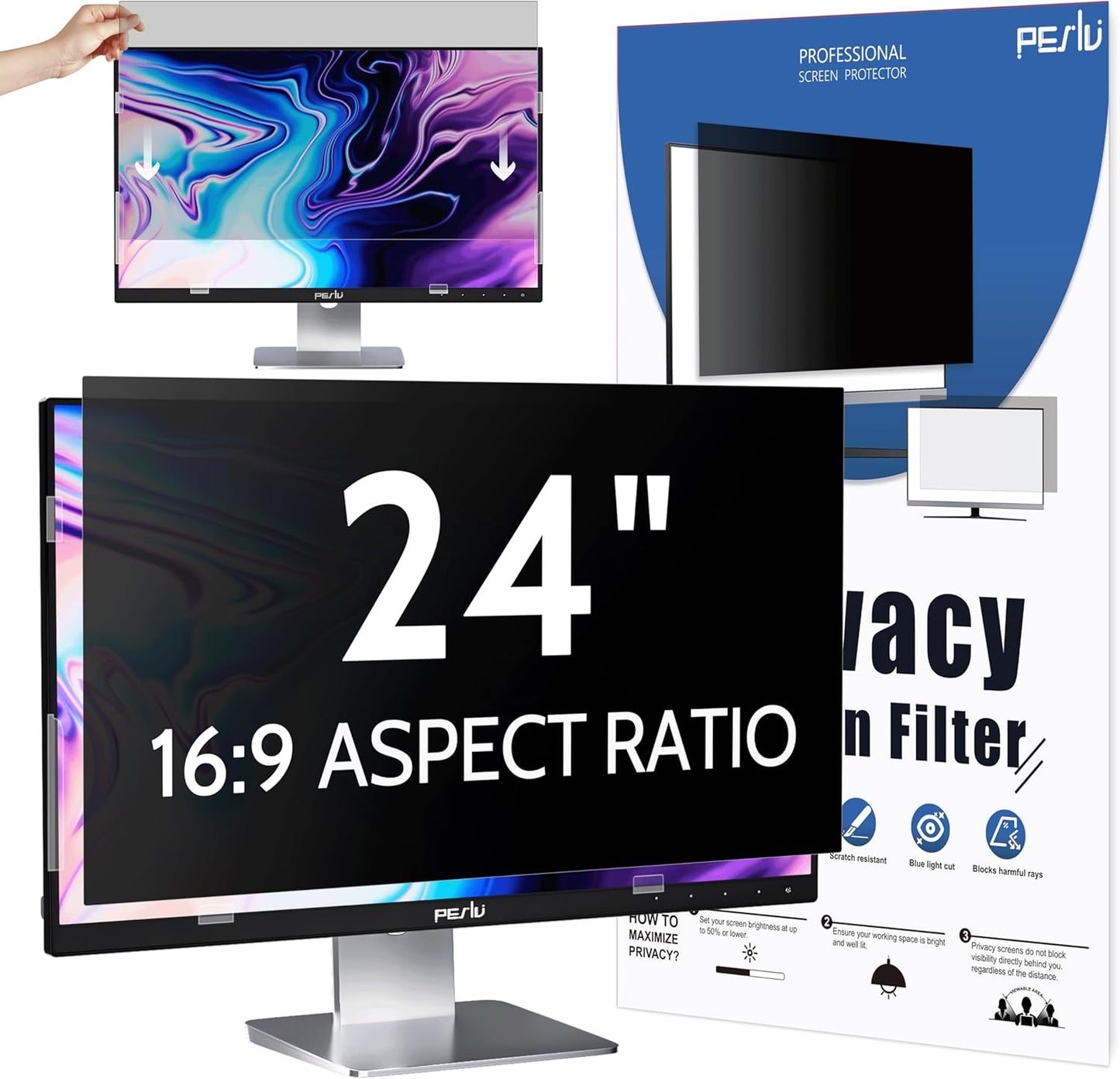 Computer Privacy Screen 24 Inch for 16:9 Widescreen Monitor, Removable 24inch Anti Blue Light Anti Glare Monitor Privacy Filter Shield (20 15/16" x 11 13/16")