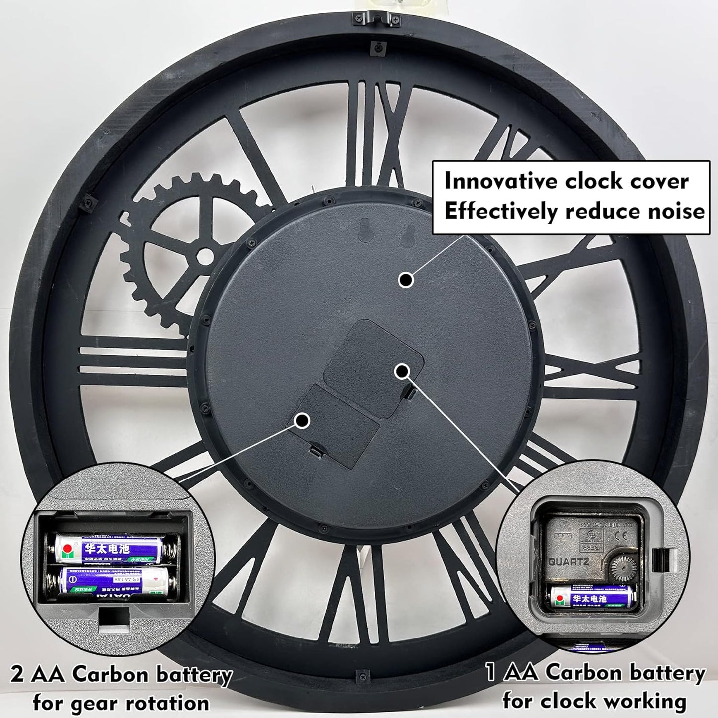 The B-Style Large Wall Clock 24 inch Moving Gear Wall Clock Oversized Vintage Farmhouse Wall Clocks for Living Room Decor Rustic Industrial Wood Clock (Silver Gray and Bronze)