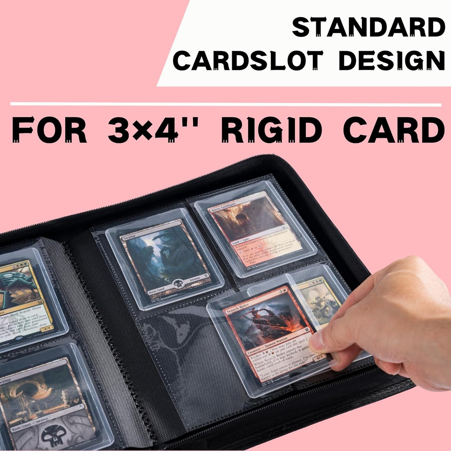 Toploader Binder, Holds 128+ Toploaders, 4 Pocket Top Loader Card Storage Case, Double-Sided Pockets for trading card in 3 x 4'' Toploaders（Pink）