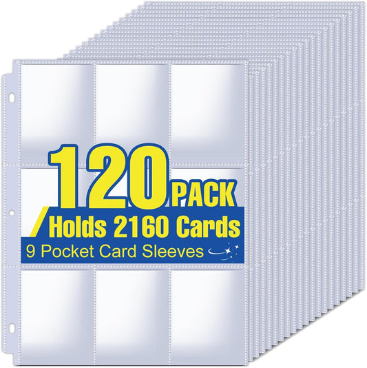 2160 Pockets Card Sleeves Binder Sheets, 9 Pocket Card Sleeves for 3 Ring Binde, Trading Cards Sleeves Fit for Baseball, Football, Game, Business Cards(120 Pages)