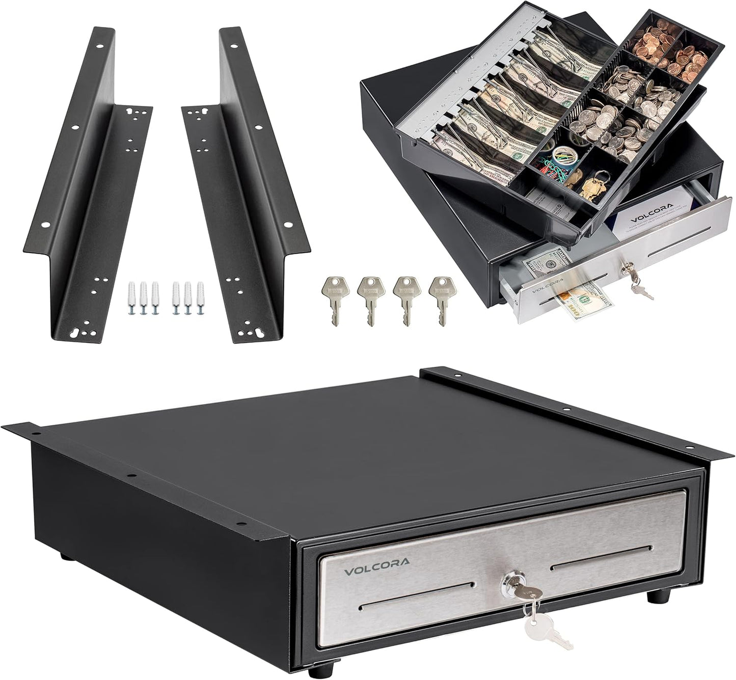 Volcora Cash Register Drawer with Under Counter Mounting Bracket- 16" Black/Stainless Steel Front Drawer for POS, Fully Removable 2 Tier Cash Tray 5 Bill 8 Coin Compartment 24V RJ11/RJ12 Key-Lock