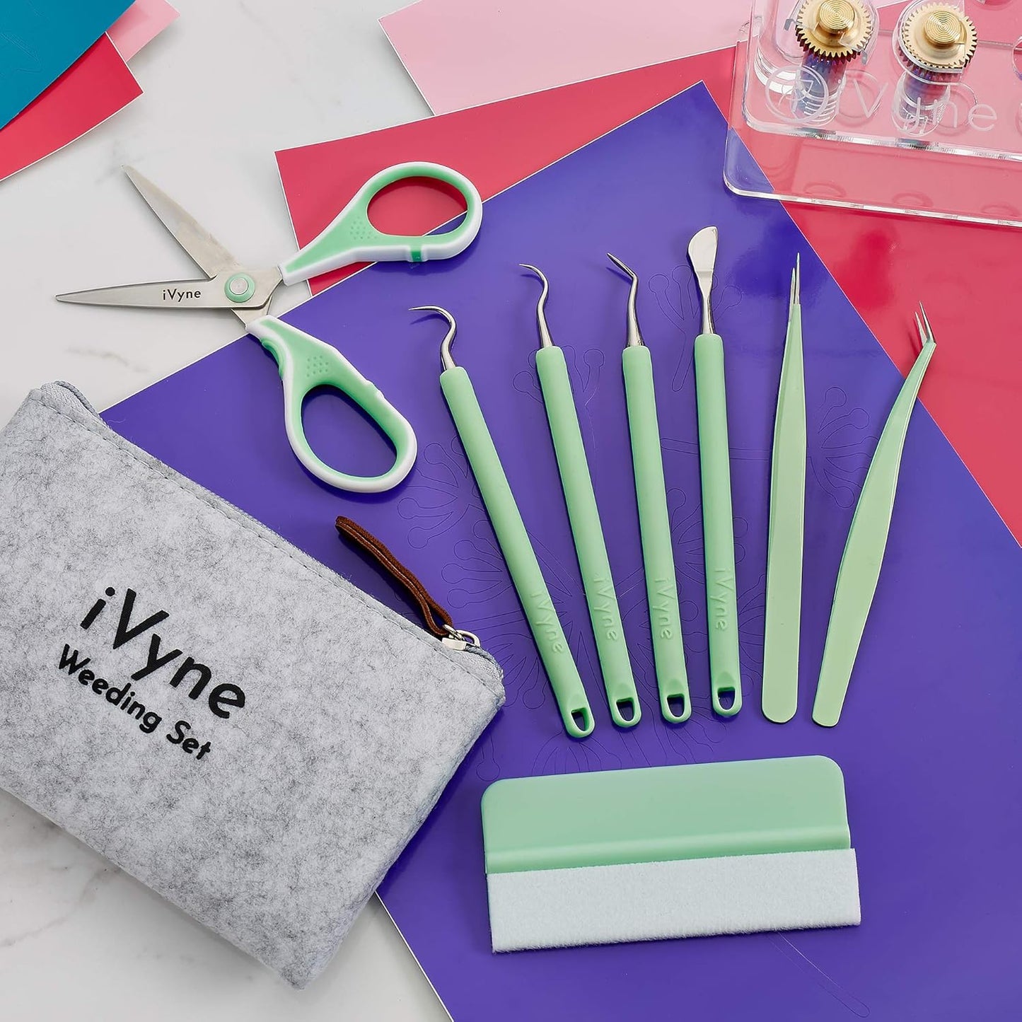 iVyne (8pcs) Berry Essentials Silicone Vinyl Weeding Tool Kit Soft Grip Weeding Tools for Vinyl with Weeder, Tweezers, Picker, Scissors and Scraper Set for Silhouette Cameos and Cricut Craft (Green)